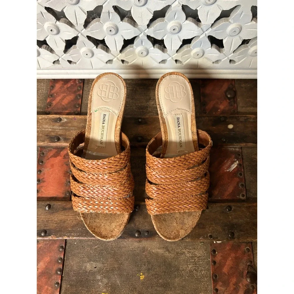 Dana Buchman DB Billy Brown Woven Wedge Sandals Cork Heel Slides Womens 6.5